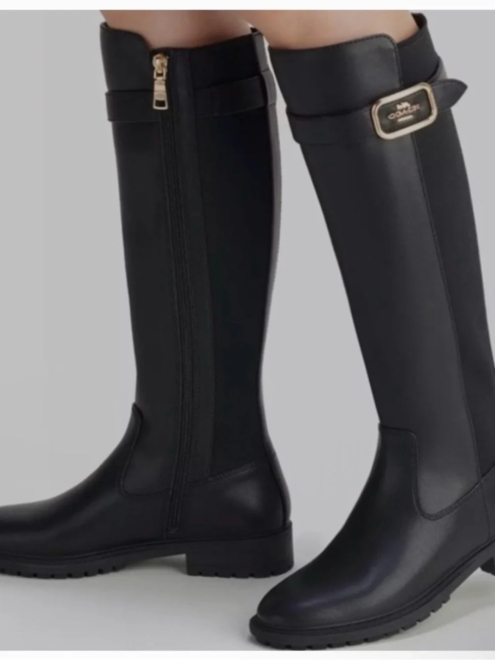 Coach Black Leather Knee-High Riding Boots with Gold Buckle